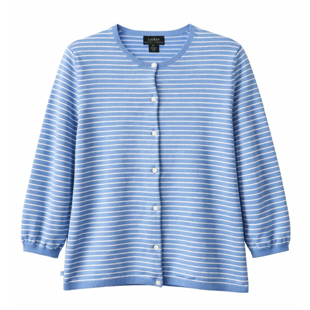 Lauren Ralph Lauren Vintage Y2K Light Blue and White Striped Sweater Cardigan